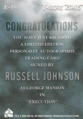 Twilight Zone 3 Shadows and Substance Russell Johnson Autograph Card A-45   - TvMovieCards.com