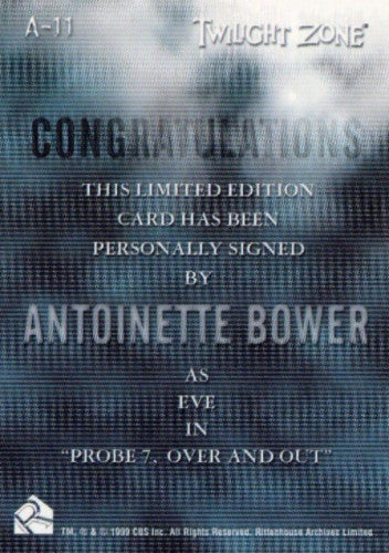 Twilight Zone Premiere Edition Antoinette Bower Autograph Card A-11   - TvMovieCards.com