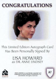 Highlander Complete Lisa Howard as Dr. Anne Lindsey Autograph Card A7   - TvMovieCards.com