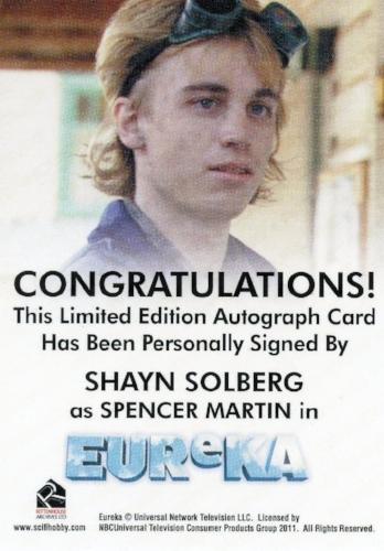 Eureka Seasons 1 & 2 Shayn Solberg as Spencer Martin Autograph Card   - TvMovieCards.com