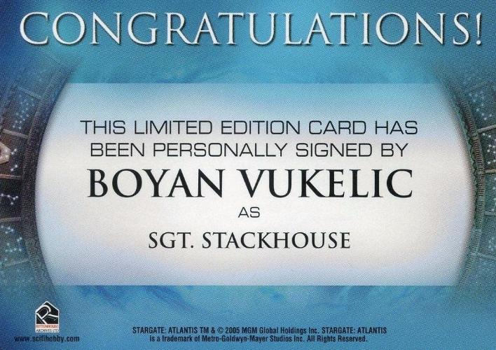 Stargate Atlantis Season One Boyan Vukelic Autograph Card   - TvMovieCards.com